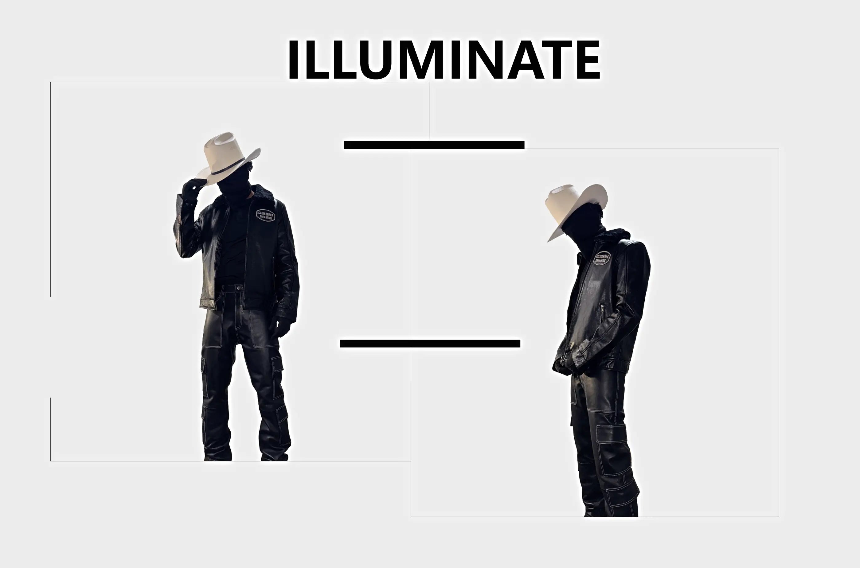 ILLUMINATE Chapter 01 campaign collage showing two views of a modeled black leather jacket