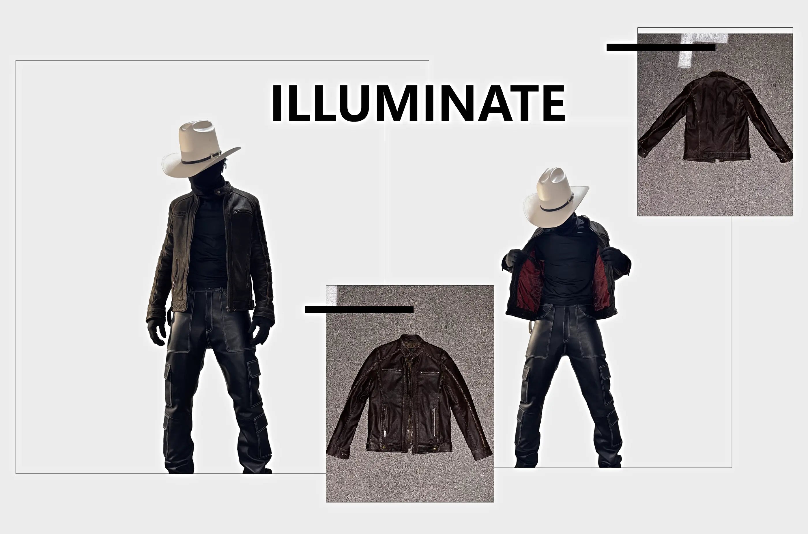 ILLUMINATE Chapter 01 campaign collage featuring two modeled leather jackets and two flat-lay jacket photographs